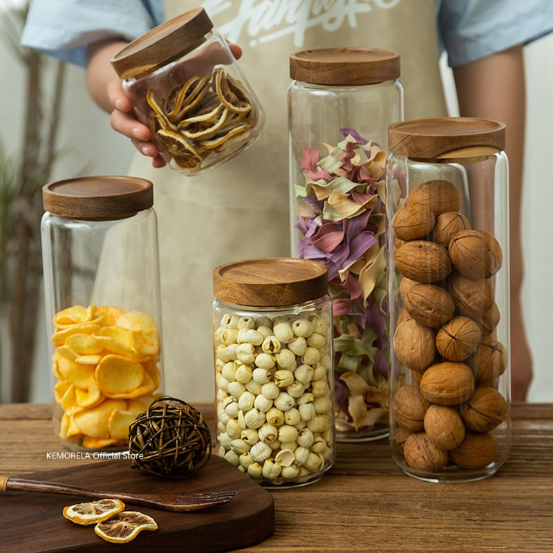 Food Storage Glass Jar - Tampa de madeira vidro hermético vasilha